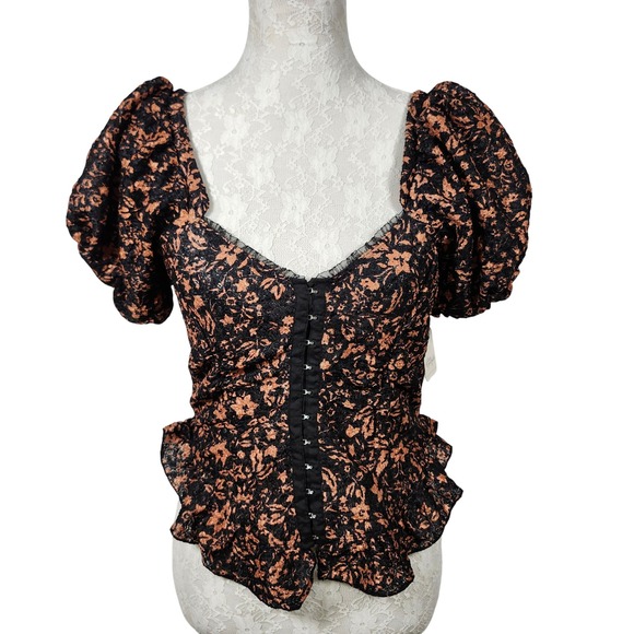 Free People Black Orange Floral Lace Corset Top Puff Sleeve Ruched Peplum Size L - Picture 2 of 8